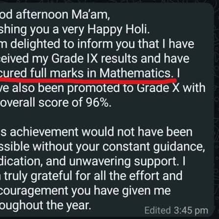 Student message sharing full marks in Mathematics